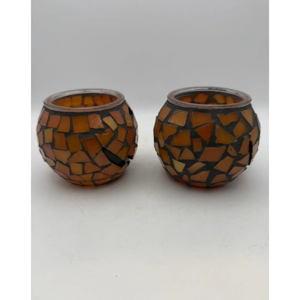 Set of 2 Mosaic Glass Pumpkin Jack O Lantern Tealight Candle Holders Halloween